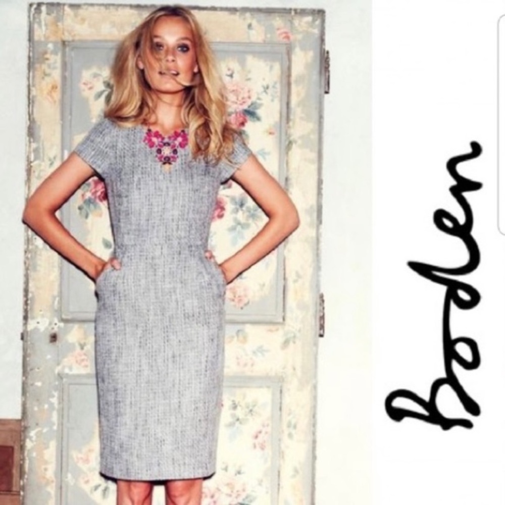 Boden Chic Tweed Gray Black White Cap Sleeve Fitted Shift Dress Pockets WH578